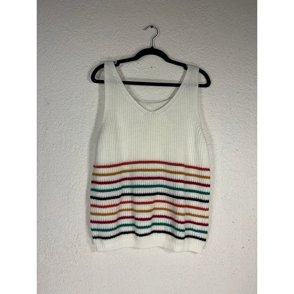 Unbranded Retro Striped V-Neck Sweater Vest White Multi-Color Acrylic XL Mens